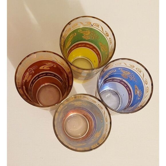 Set of 4 Vintage Moroccan MultiColor Gold Floral Design Juice Glasses 3 X 5.5 - Picture 2 of 7